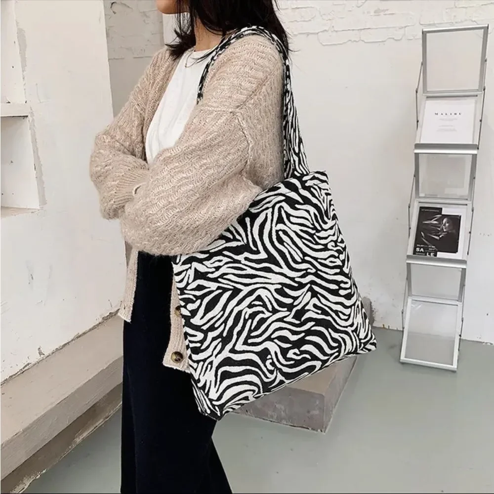 Large Zebra Tote Bag Black White Commuter Travel Minimalist Chic Fabric